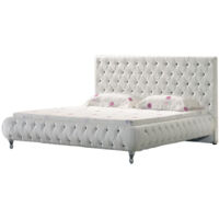 Cama Amour 200x200x42 cm Tapizada en Piel Sintética Blanca con Botones Negros Efecto Diamante Cabecero Acolchado con 120 cm MOG Casa