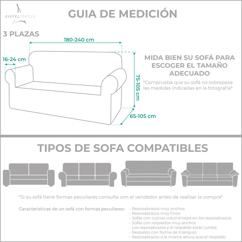 Eiffel Textile Milan Fundas para Sofa Elastica Adaptable Lisa 94% poliéster 6% Elastano 180-240 cm Beige 3 Plazas 