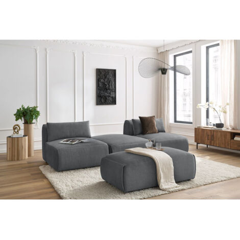 BOBOCHIC - Canapé droit fixe 3 places JEANNE avec pouf tissu velours Gris foncé (1/5)