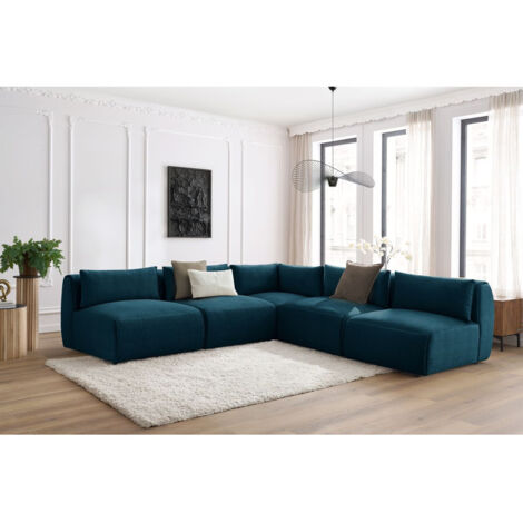 BOBOCHIC - Canapé d'angle fixe modulable JEANNE tissu velours avec 4 chauffeuses et 1 angle Réversible Bleu foncé (1/5)