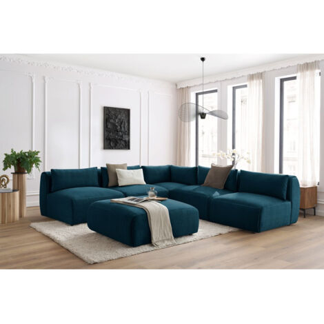 BOBOCHIC - Canapé d'angle fixe modulable JEANNE tissu velours avec 4 chauffeuses, 1 angle et 1 pouf Réversible Bleu foncé (1/5)