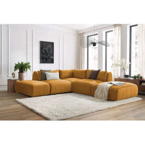 BOBOCHIC - Canapé d'angle fixe modulable JEANNE tissu velours avec 2 chauffeuses, 1 angle et 2 poufs Réversible Jaune (1/5)