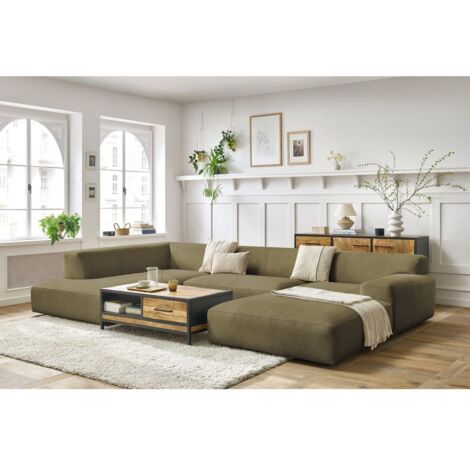 BOBOCHIC - Canapé panoramique fixe compact LAVENA tissu velours Angle droit  Vert (1/5)