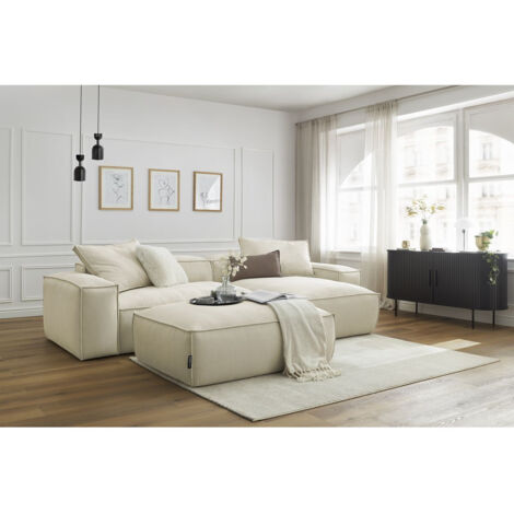 BOBOCHIC - Canapé d'angle réversible ultra moelleux BOHEME velours côtelé avec pouf Réversible Beige (1/5)