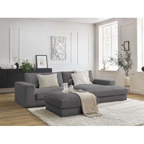BOBOCHIC - Canapé d'angle fixe LEONARD velours côtelé avec pouf Angle droit Gris foncé (1/5)