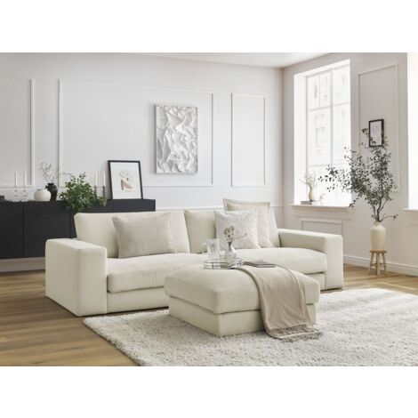 BOBOCHIC - Canapé droit fixe 3 places LEONARD velours côtelé avec pouf Beige (1/5)