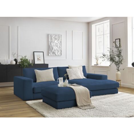 BOBOCHIC - Canapé d'angle fixe LEONARD velours côtelé avec pouf Angle droit Bleu foncé (1/5)