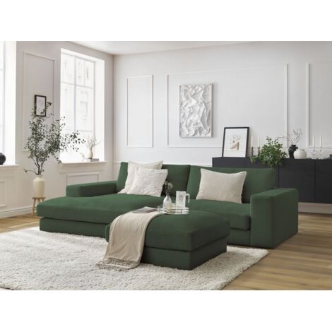 BOBOCHIC - Canapé d'angle fixe LEONARD velours côtelé avec pouf Angle gauche Vert foncé (1/5)