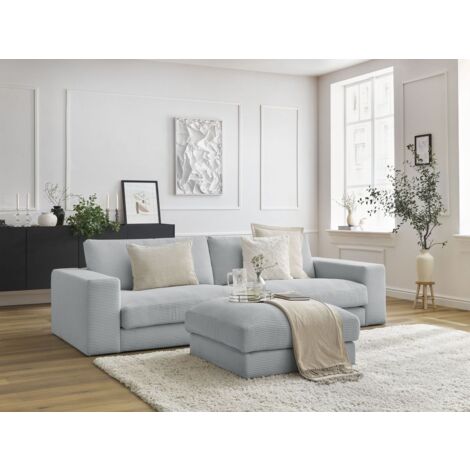 BOBOCHIC - Canapé droit fixe 3 places LEONARD velours côtelé avec pouf   Gris clair (1/5)