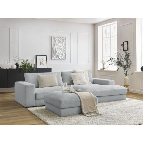BOBOCHIC - Canapé d'angle fixe LEONARD velours côtelé avec pouf Angle droit Gris clair (1/5)
