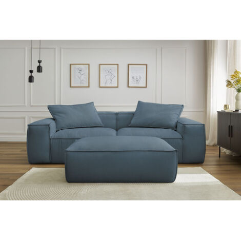 BOBOCHIC - Canapé droit fixe 3 places ultra moelleux BOHEME velours côtelé avec pouf Bleu foncé (1/5)
