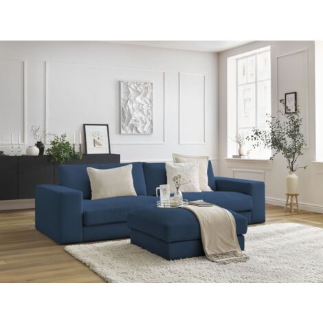 BOBOCHIC - Canapé droit fixe 3 places LEONARD velours côtelé avec pouf   Bleu foncé (1/5)