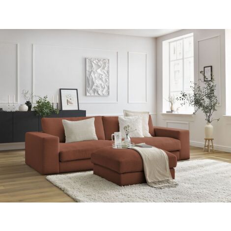 BOBOCHIC - Canapé droit fixe 3 places LEONARD velours côtelé avec pouf Orange (1/5)
