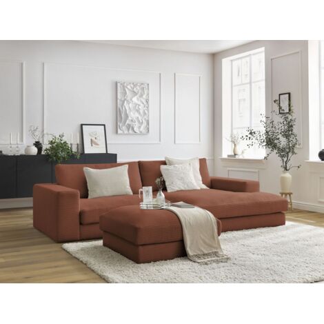 BOBOCHIC - Canapé d'angle fixe LEONARD velours côtelé avec pouf Angle droit Orange (1/5)
