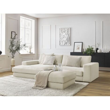 BOBOCHIC - Canapé d'angle fixe LEONARD velours côtelé avec pouf Angle gauche Beige (1/5)