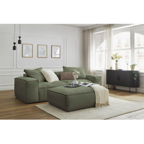BOBOCHIC - Canapé droit fixe 3 places ultra moelleux BOHEME velours côtelé avec pouf   Vert (1/5)