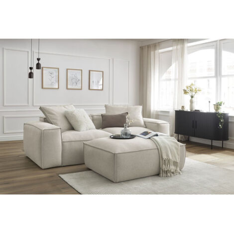 BOBOCHIC - Canapé droit fixe 3 places ultra moelleux BOHEME tissu chiné avec pouf   Beige (1/5)