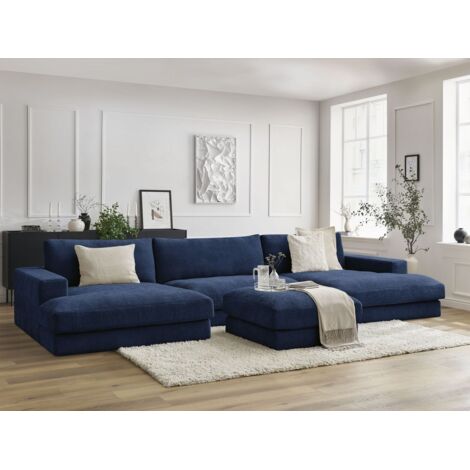 BOBOCHIC - Canapé panoramique fixe LEONARD tissu texturé avec pouf Bleu foncé (1/5)