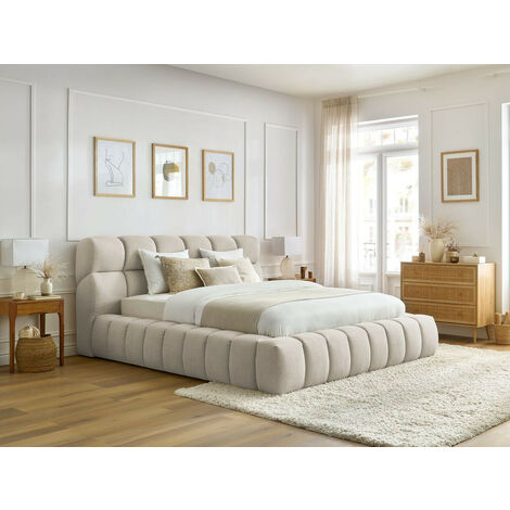 Bobochic – Lit coffre MONT-BLANC 160x200 beige – Revêtement tissu 100% polyester – Hauteur totale 105 cm – Coffre intégré pour rangement (1/5)