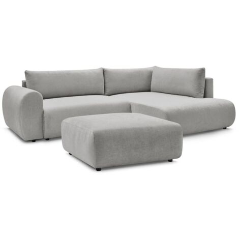 Canapé D'angle Convertible Beige Et Bandes Grises Avec Pouf – Modèle DAYO