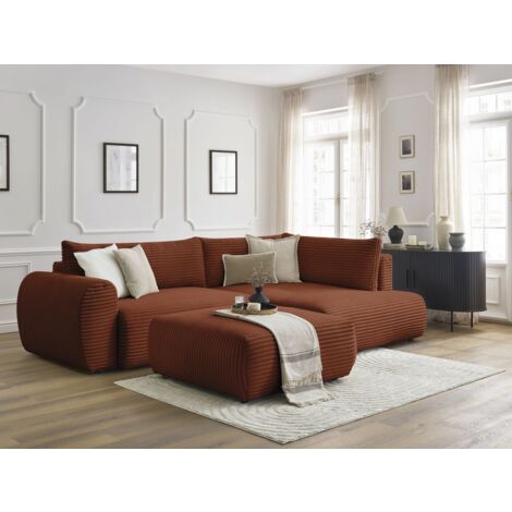 BOBOCHIC - Canapé d'angle L convertible coffre LUCIEN gros côtelé doux avec pouf Angle droit Orange (1/5)