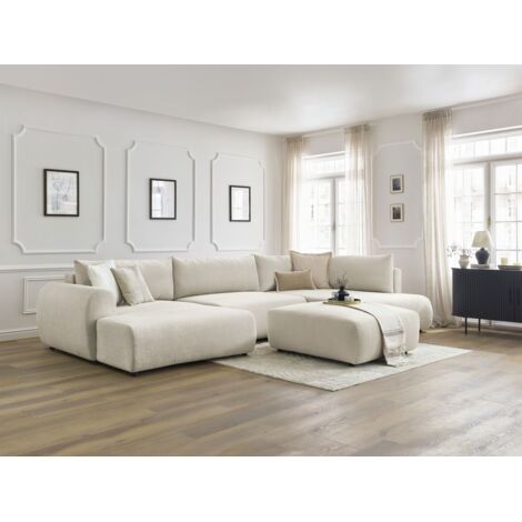 BOBOCHIC - Canapé panoramique convertible coffre LUCIEN tissu lisse avec pouf Angle gauche Beige (1/5)