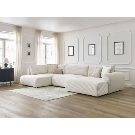 BOBOCHIC - Canapé panoramique convertible coffre LUCIEN gros côtelé doux Angle droit Beige (1/5)