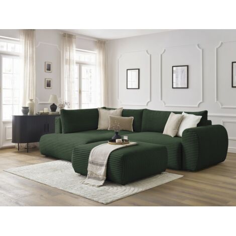 BOBOCHIC - Canapé d'angle L convertible coffre LUCIEN gros côtelé doux avec pouf Angle gauche Vert (1/5)