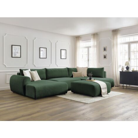 BOBOCHIC - Canapé panoramique convertible coffre LUCIEN tissu lisse avec pouf Angle gauche Vert (1/5)