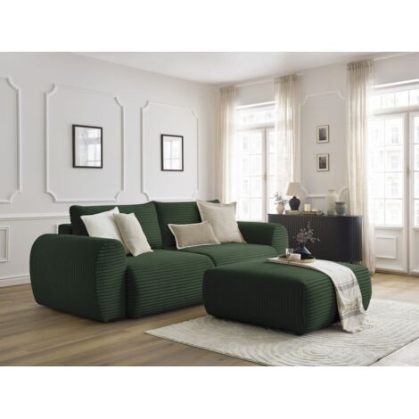 BOBOCHIC - Canapé droit convertible coffre LUCIEN gros côtelé doux avec pouf Vert (1/5)