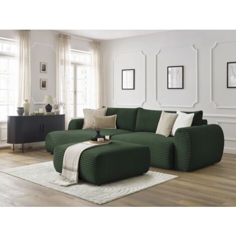 BOBOCHIC - Canapé d'angle convertible coffre LUCIEN gros côtelé doux avec pouf Angle gauche Vert (1/5)