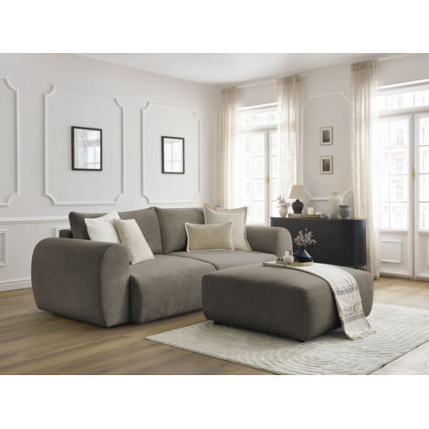BOBOCHIC - Canapé droit convertible coffre LUCIEN tissu lisse avec pouf Taupe (1/5)