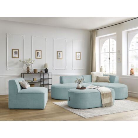 BOBOCHIC - Canapé d'angle fixe modulable ROUSSEAU velours côtelé avec 1 chauffeuse et 1 pouf Angle droit Bleu clair (1/5)