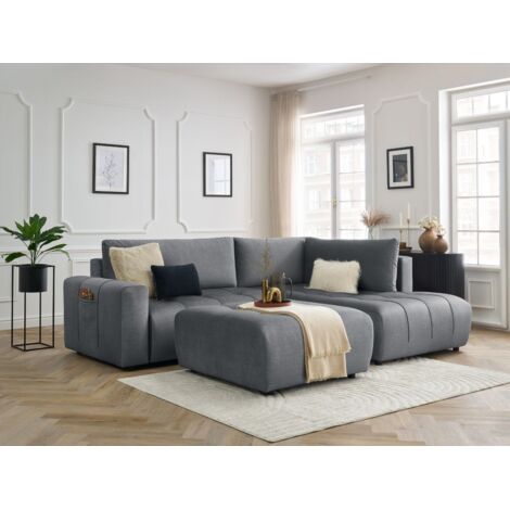 BOBOCHIC - Canapé d'angle L convertible coffre ARSENE tissu velours avec pouf Angle droit Gris foncé (1/5)