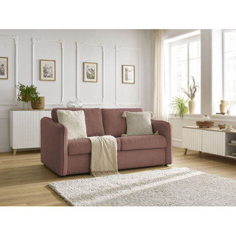 BOBOCHIC - Canapé droit convertible LENNY ouverture express 2 plis velours côtelé Rose (1/5)
