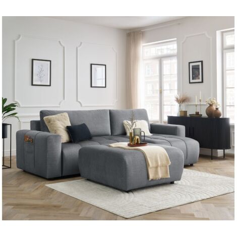 BOBOCHIC - Canapé d'angle réversible convertible coffre ARSENE tissu velours avec pouf Gris foncé (1/5)