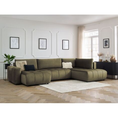 BOBOCHIC - Canapé panoramique convertible coffre ARSENE tissu velours Angle gauche Vert (1/5)