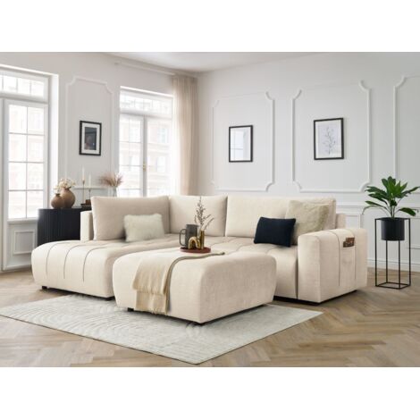 BOBOCHIC - Canapé d'angle L convertible coffre ARSENE tissu velours avec pouf Angle gauche Beige (1/5)