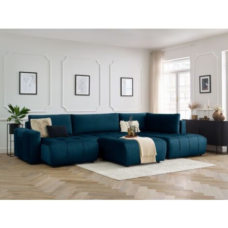 BOBOCHIC - Canapé panoramique convertible coffre ARSENE tissu velours avec pouf Angle gauche  Bleu (1/5)