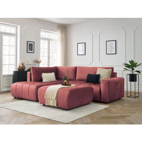 BOBOCHIC - Canapé d'angle L convertible coffre ARSENE tissu velours avec pouf Angle gauche Orange (1/5)