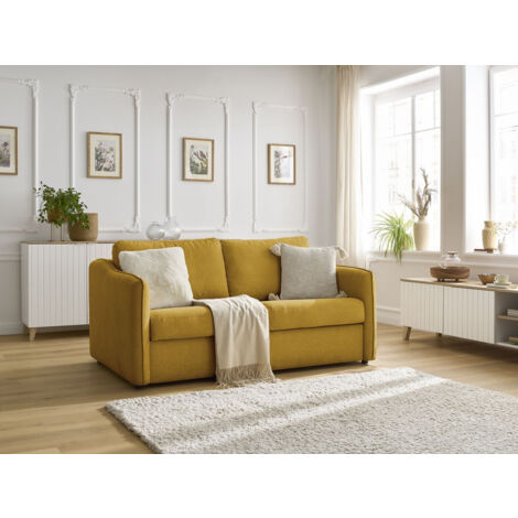BOBOCHIC - Canapé droit convertible LENNY ouverture express 2 plis tissu lisse Jaune (1/5)