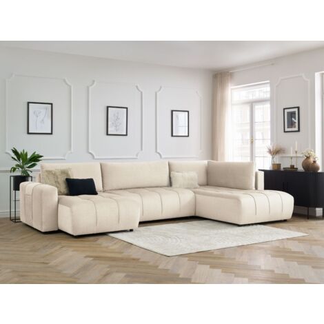 BOBOCHIC - Canapé panoramique convertible coffre ARSENE tissu velours Angle gauche Beige (1/5)