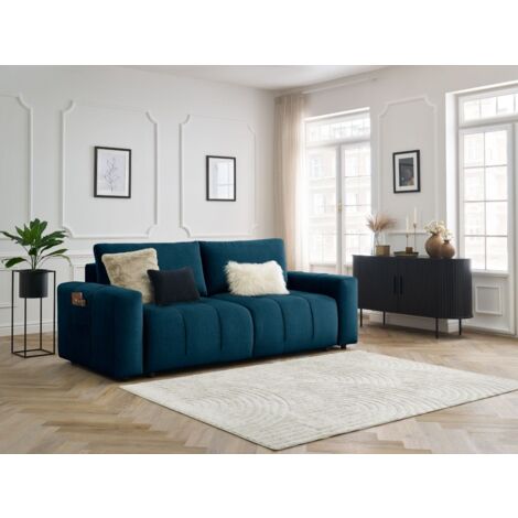 Bobochic – Canapé droit convertible 3 places avec coffre – Revêtement velours bleu – Longueur 248 cm – Couchage occasionnel 155x190 cm (1/5)