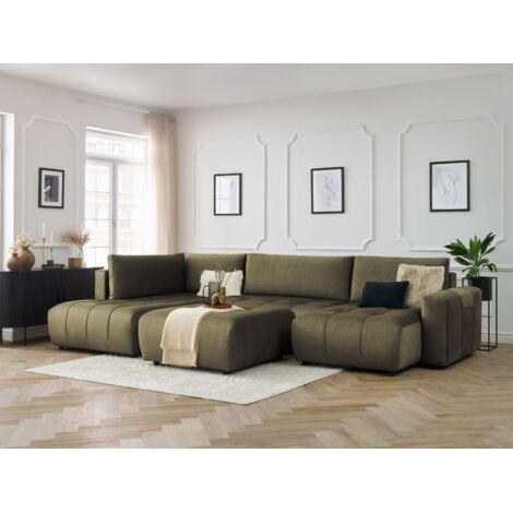 BOBOCHIC - Canapé panoramique convertible coffre ARSENE tissu velours avec pouf Angle droit  Vert (1/5)