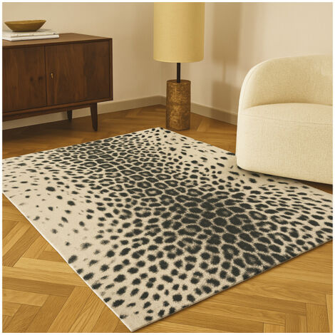 Bobochic – Tapis poils ras 120x170 cm – Motif léopard noir – Tissé à la machine – Épaisseur 1,15 cm – Pour intérieur avec chauffage au sol