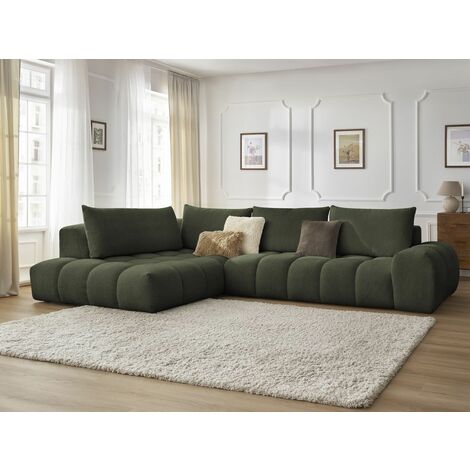 Bobochic – Canapé d'angle fixe 4 places en tissu chiné – Longueur 352cm – Largeur 210cm – Style moderne – Couleur vert