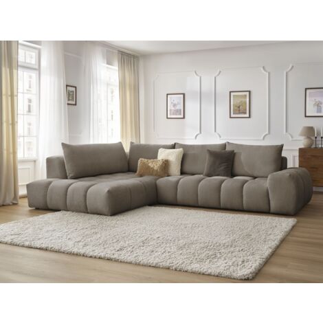 Bobochic – Canapé d'angle fixe 4 places – Tissu texturé déperlant taupe – Longueur 352cm – Confort moelleux – À monter soi-même (1/5)