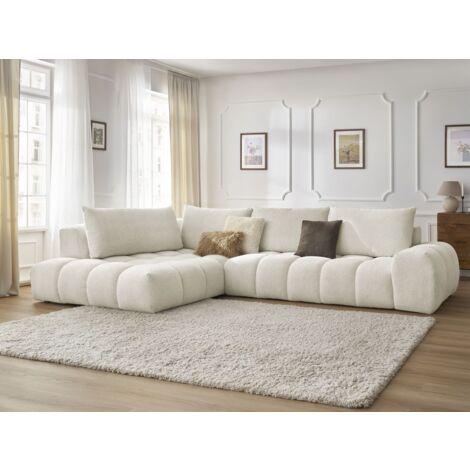 Bobochic – Canapé d'angle fixe 4 places – Tissu chiné blanc – Longueur 352cm – Largeur 210cm – Design moderne – Confort moelleux