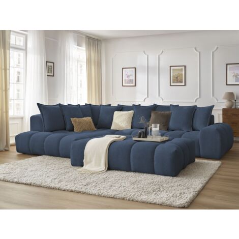 BOBOCHIC - Canapé d'angle fixe EVEREST tissu chiné avec pouf Angle gauche Bleu foncé (1/5)