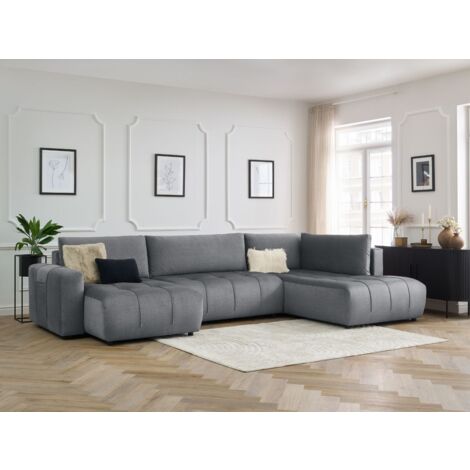 BOBOCHIC - Canapé panoramique convertible coffre ARSENE tissu velours Angle gauche Gris foncé (1/5)